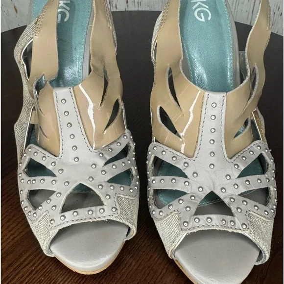 KG KURT GEIGER DENIM, Calf, PATENT Leather Laser Cut Studded heeled Sandals 37 - Picture 2 of 16